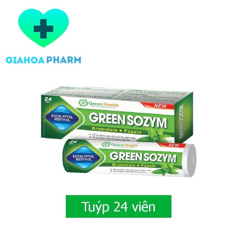 Green Sozym - Viên ngậm hỗ trợ giảm sưng, phù nề, ấm họng, giảm ho, đau họng, phế quản