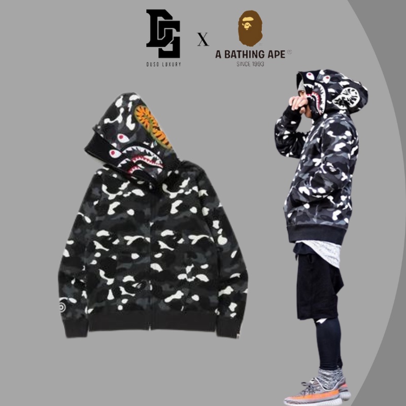 Áo Hoodie Jacket Bape Shark Camo City 2 mũ SS22, Bape Hoodiefullzip, hoạ tiết thêu nổi, Có phát quang DuSo