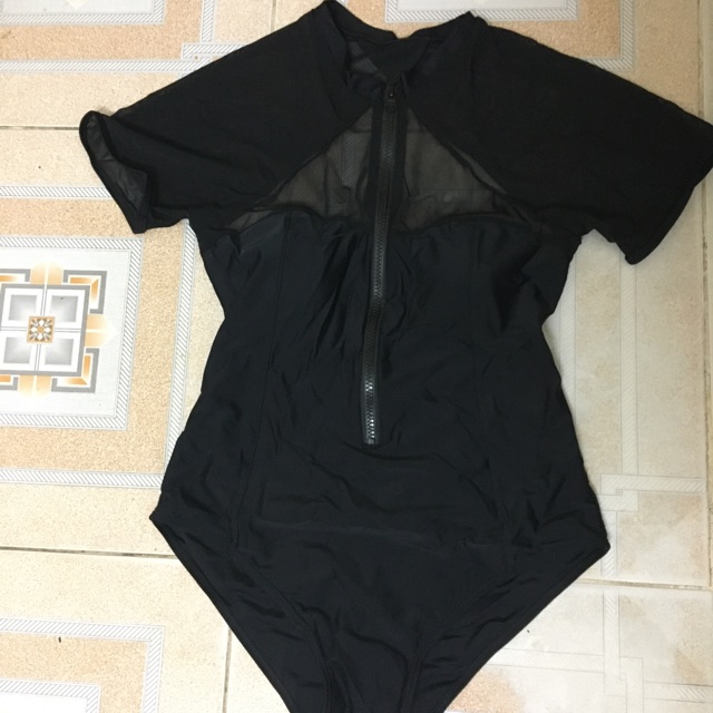 Hình thật -Bikini liền thân đen phối lưới