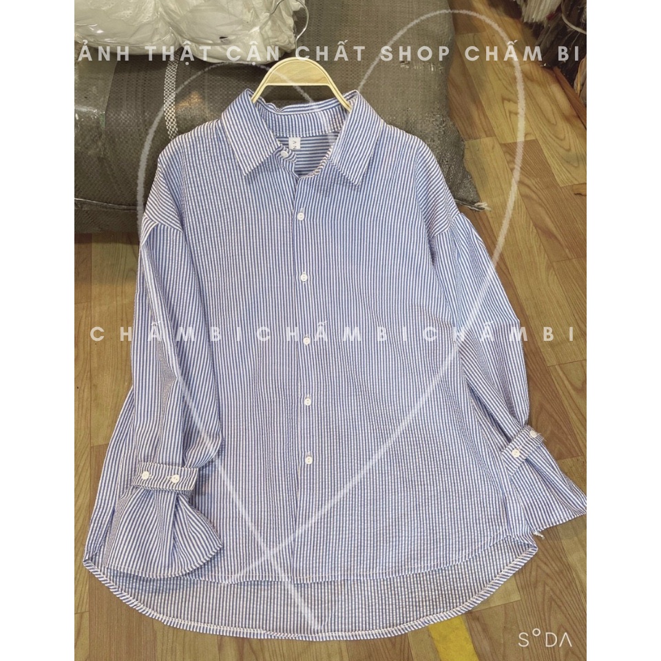 Áo sơ mi ulzzang A.292, Áo sơ mi kẻ sọc xanh cổ đức đuôi tôm tay xòe cách điệu form rộng