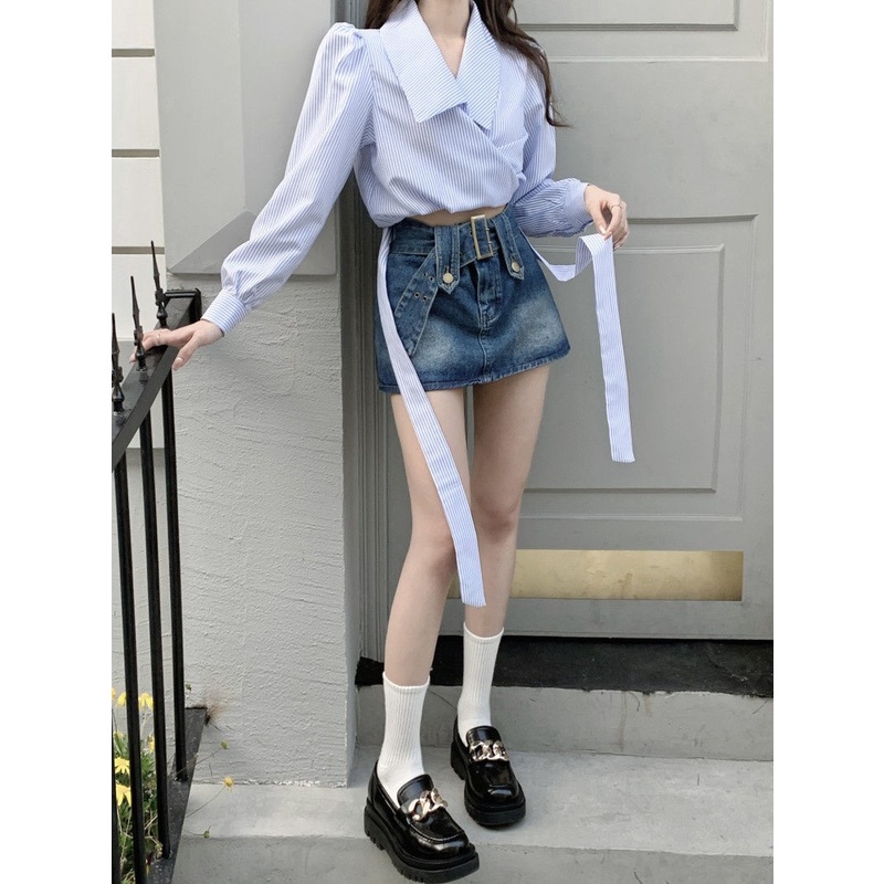 Áo Sơ Mi Nữ Tay Dài Kẻ Sọc Phong Cách Hàn Quốc