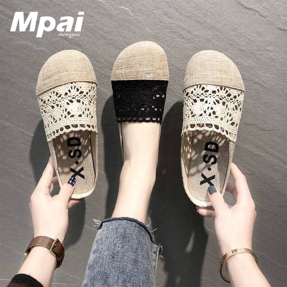 Giày Muller Vải Lanh Phối Ren Thoáng Khí Thoải Mái Cho Nữ