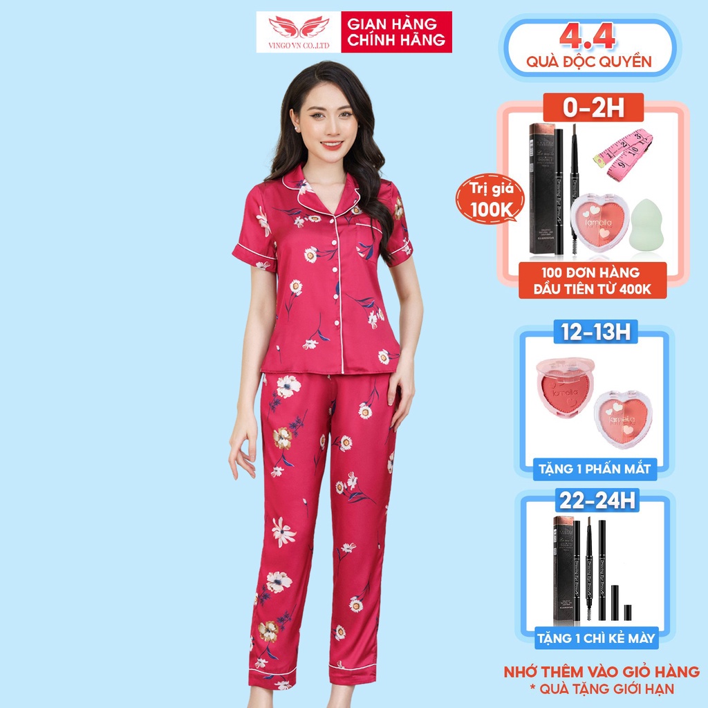Đồ bộ nữ mặc nhà Pyjama VINGO Lụa Pháp cao cấp tay cộc quần dài mùa Thu Đông 2021 họa tiết hoa đỏ H520 VNGO - TCQD