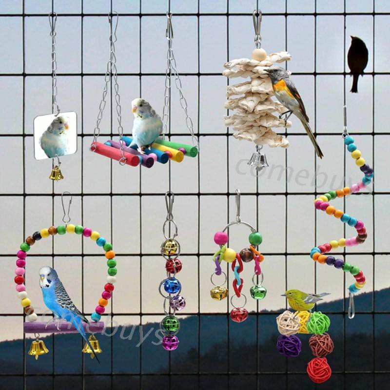 com* 13 Pcs Bird Parrot Toys Include 7 Hanging Birds Cage Hammock Swing Bell Chew Toy
