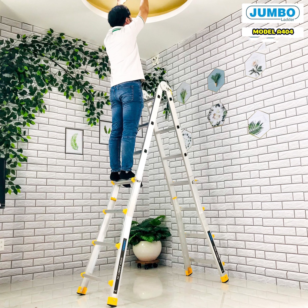 Thang nhôm gấp trượt chữ A mở rộng Jumbo A404 &amp; Sumika SKM404 tải trọng 300kg bảo hành 2 năm, thang sửa chữa điện lạnh