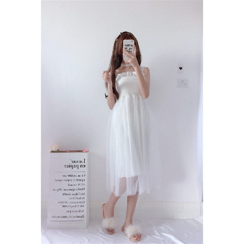 Spring and Summer New Temperament Mesh Strap Dress Fairy Dress for Female Students Korean Style Soft Girl Fresh Mid-Length