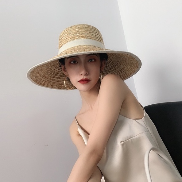 Mũ rơm cao cấp - mũ cụp vành rộng - Viền bo trắng ( mẫu mới đóng hộp)