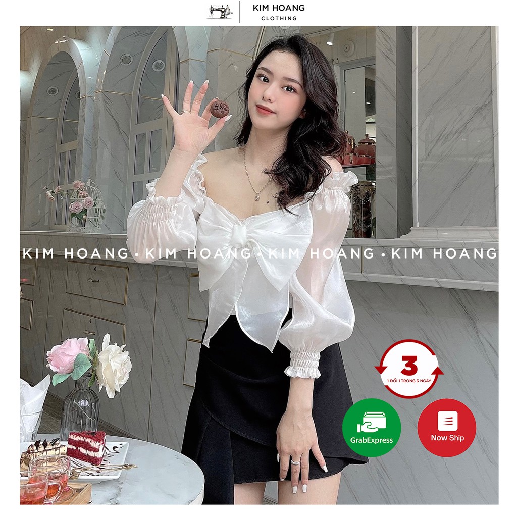 Áo Trễ Vai Bèo Thắt Nơ Kim Hoàng Clothing Áo Tay Bồng Màu Trắng (CUPID TOP)