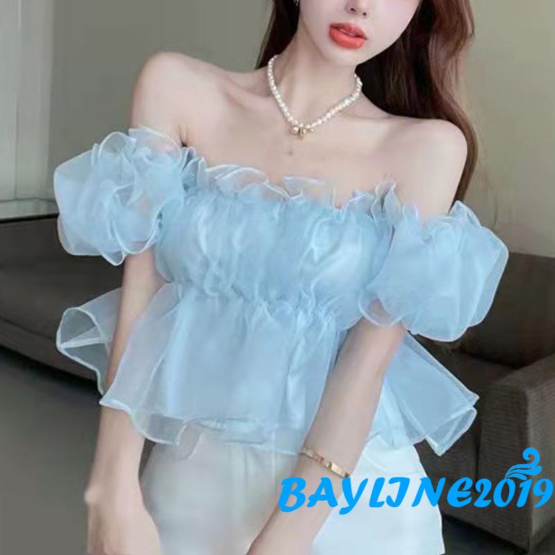 Bay-Women Off Shoulder Blouse, Spring &amp; Summer Solid Color Short Puff Sleeve Pullover