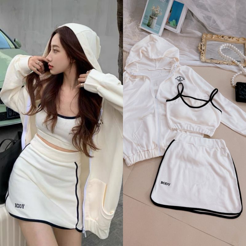 Hình Thật - Set Thun Thể Thao Áo Dây + Váy + Áo Khoác 💗Beleza