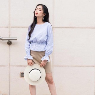Áo peplum tay ren sọc xanh