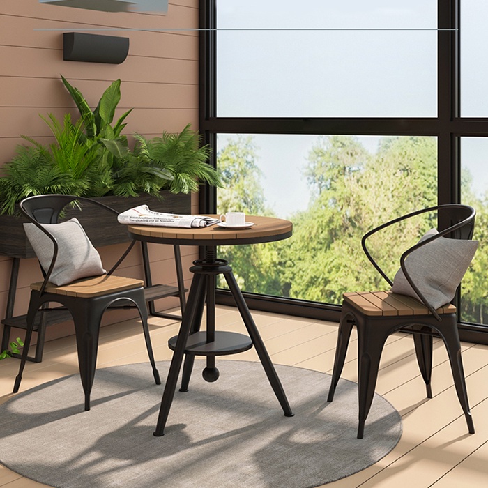 Bộ bàn ghế sân vườn đẹp ngoài trời khung thép cacbon phun sơn tĩnh điện mặt gỗ sồi cao cấp, Bộ bàn ghế ban công Rirobik