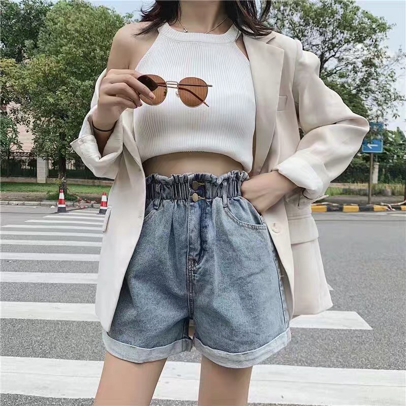 Quần Short Jeans Hai Khuy Đai Chun Cạp Cao Kiểu Dáng Thời Trang Cá Tính | BigBuy360 - bigbuy360.vn