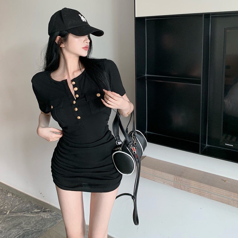 COZOKC COZOK Đầm Tay Ngắn Cổ Tròn Phối Hàng Cúc Đơn Phong Cách Retro Hàn Quốc Trẻ Trung