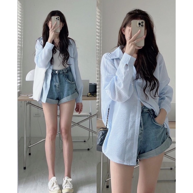 [Ảnh thật/Video]Áo sơ mi kẻ emma dài tay Hàn Quốc Áo xốp hàng Quảng Châu