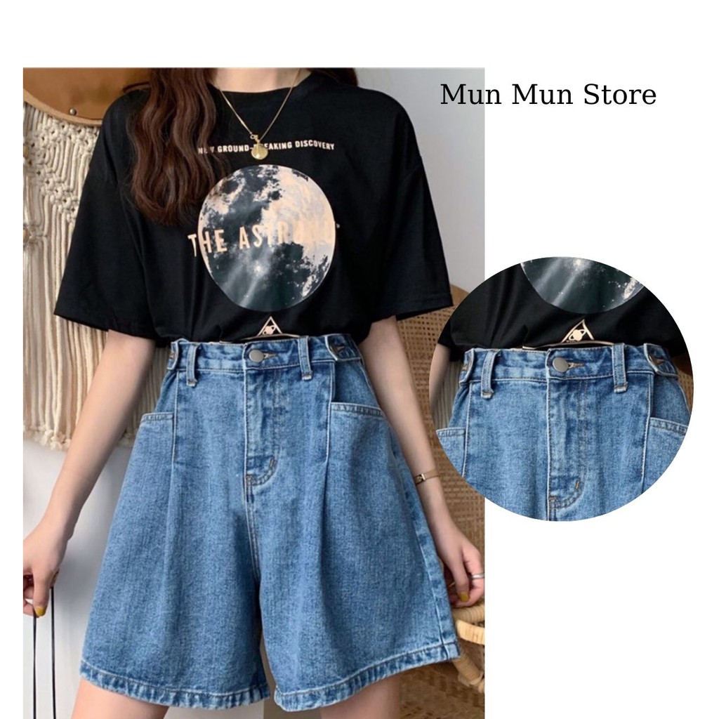 Quần jean ngắn ống rộng chít eo MunMunStore quần short tăng chỉnh eo chuẩn phom ullzang (ảnh+video thật)