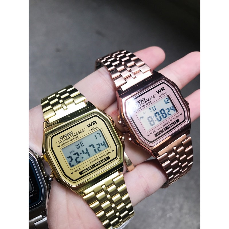 ĐỒNG HỒ ĐIỆN TỬ UNISEX THỜI TRANG CASIO A159 DÂY KIM LOẠI MÀU HỒNG SIZE NAM NỮ SÀNH ĐIỆU