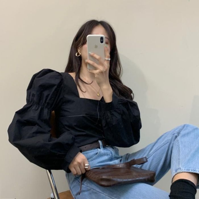 Áo Sơ Mi Cổ Vuông Tay Bồng Thắt Dây Phong Cách Thời Trang Hàn Quốc Mới