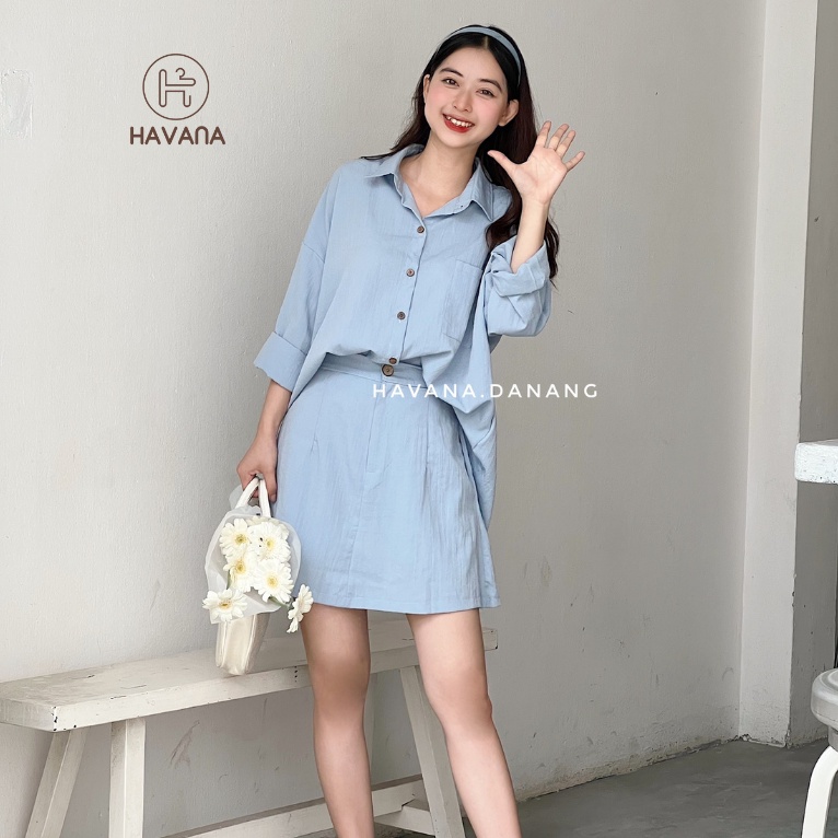 Set sơ mi chân váy, chất đũi xước mềm và mát, chân váy có chun kèm lót quần AE15