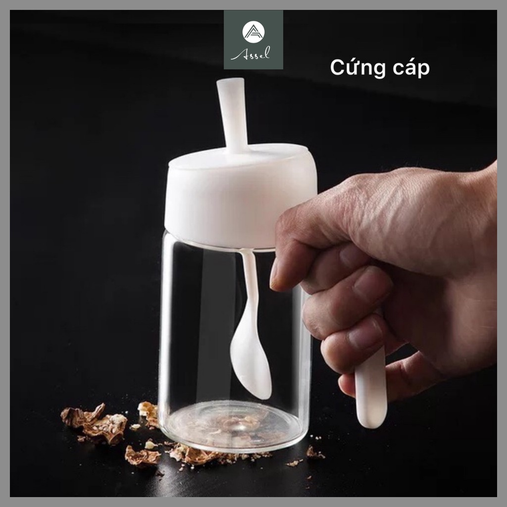 Lọ đựng gia vị thủy tinh chịu nhiệt, hũ thủy tinh đựng gia vị kèm muỗng thìa liền nắp có quai cầm phong cách Bắc Âu