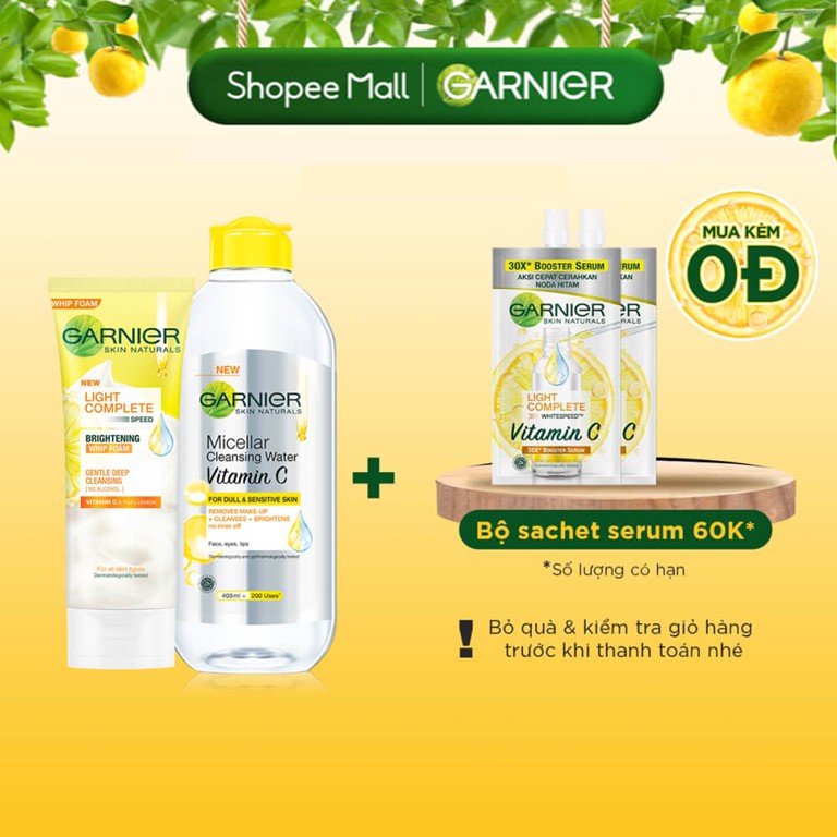 Bộ sản phẩm làm sạch và sáng da Garnier Light Complete Vitamin C