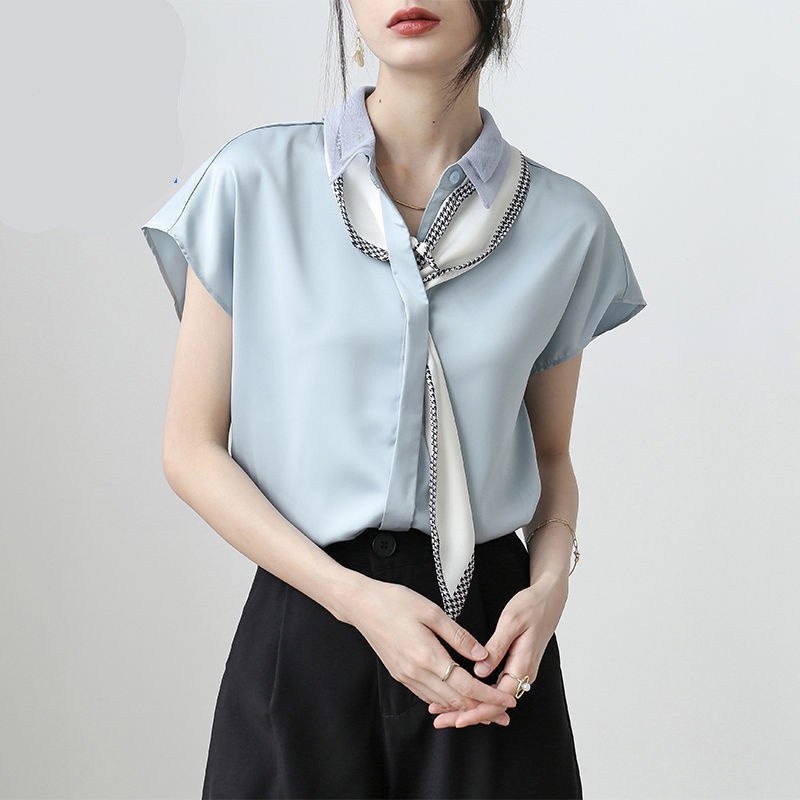 Summer white shirt retro style chiffon white shirt lady's niche shirt short-sleeved top girl