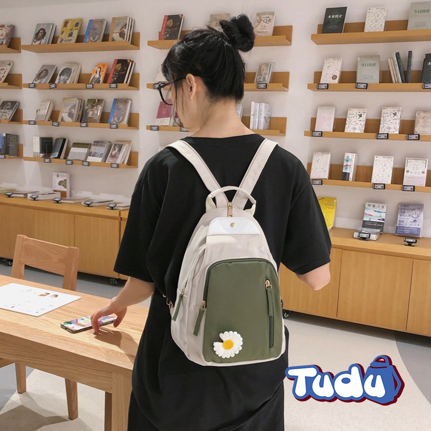 Balo Mini Tudu, Ba Lô Nữ Kết Hợp Túi Đeo Chéo Thời Trang Phong Cách Hàn Quốc Kèm Sticker Hoa Cúc CN163 Xanh Rêu