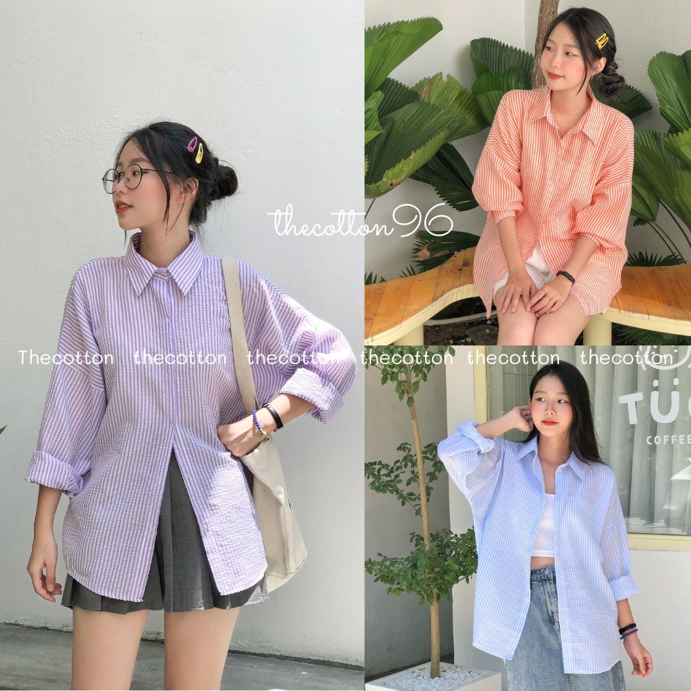 Áo sơ mi sọc nữ kẻ sọc 3 màu dáng rộng tay dài xốp TheCotton