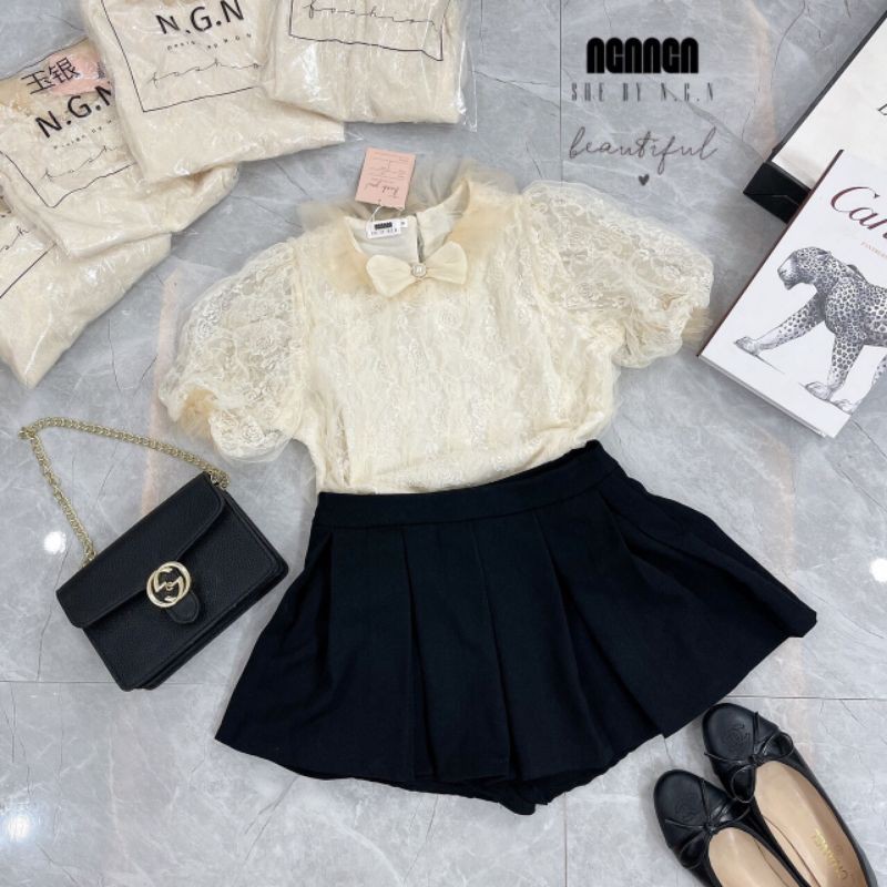 Áo ren nhăn nơ cổ