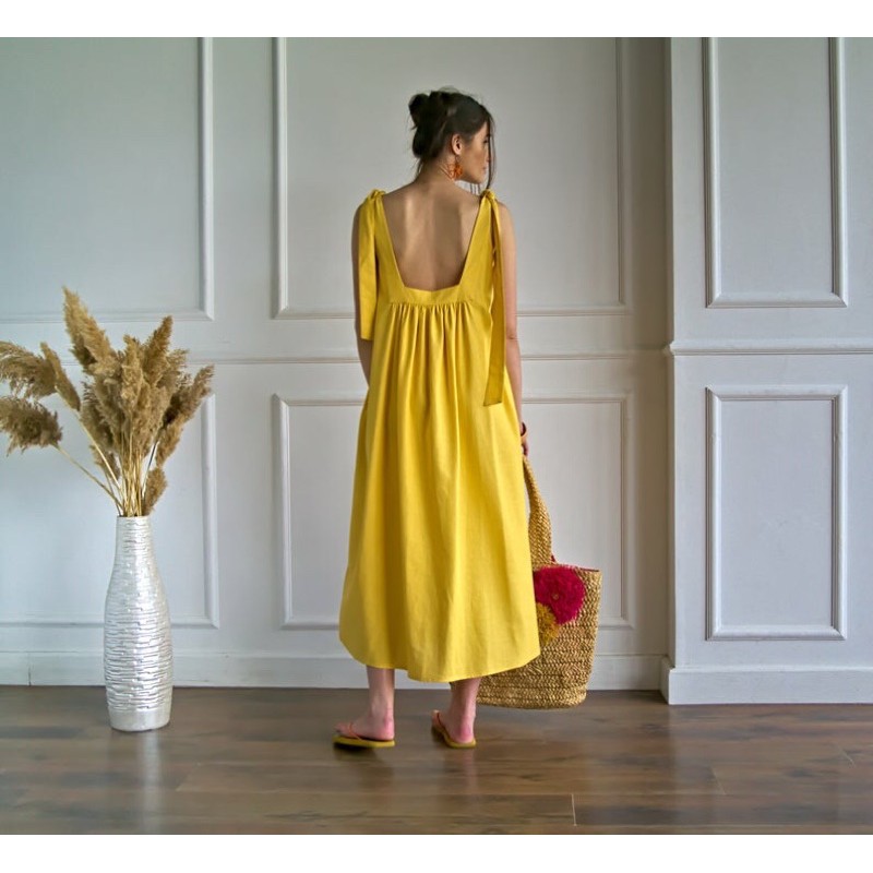 Đầm Linen Hai Dây Bảng Lớn