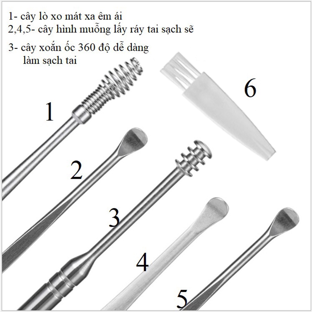 Bộ lấy ráy tai, bộ dụng cụ ngoáy tai inox 6 món thép không rỉ mát xa làm sạch tai hiệu quả