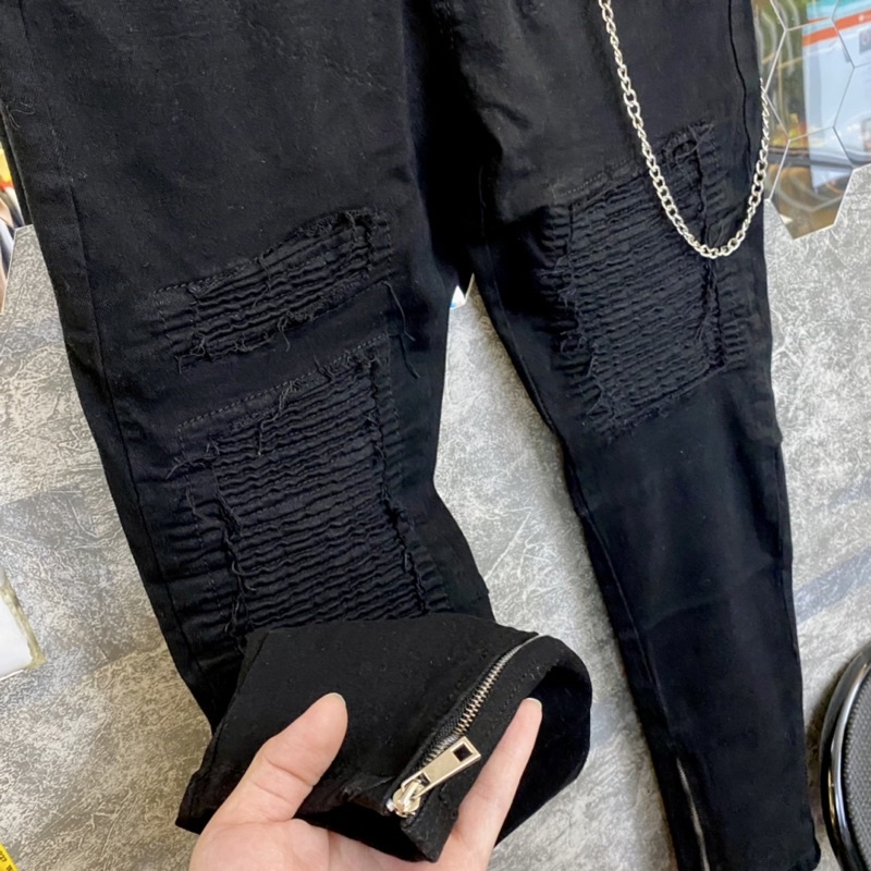 Quần jean vá nhăn phối khoá dọc ống chân,quần bò vá nhăn gối phối khoá zip