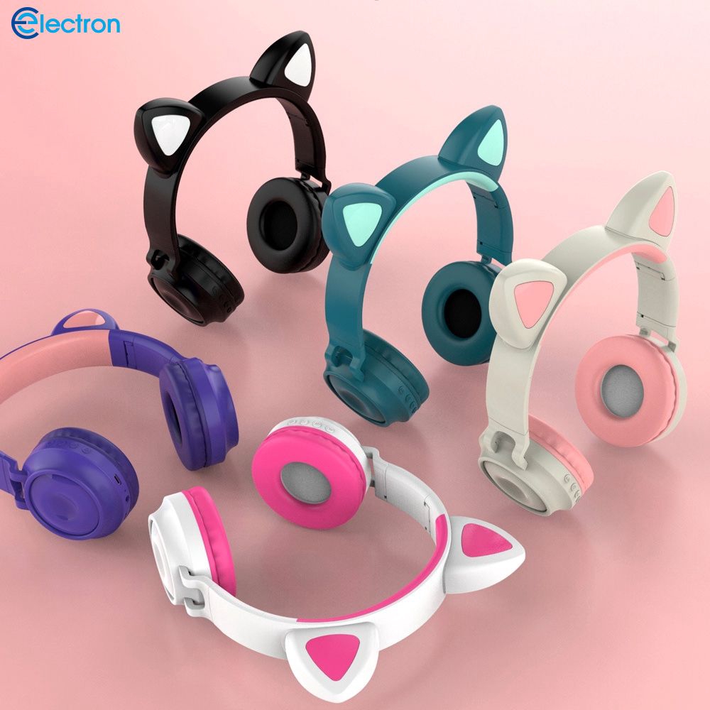 Tai nghe chụp tai hỗ trợ Bluetooth 5.0 thiết kế hình mèo màu sáng kèm phụ kiện
