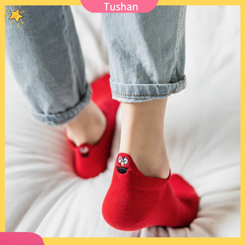 TUSH Men Women Cute Sesame Street Embroidery Low Cut Elastic Cotton Ankle Socks