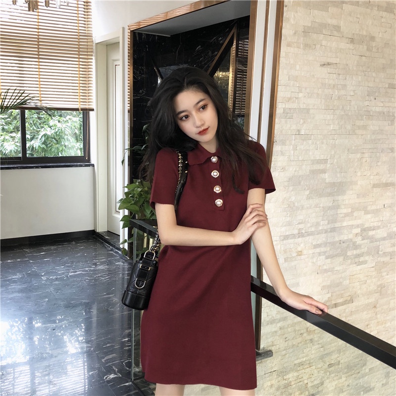 Đầm polo dệt kim ZHELIHANGFEI đính cúc ngọc trai thời trang mùa hè cổ điển phong cách Âu Mỹ