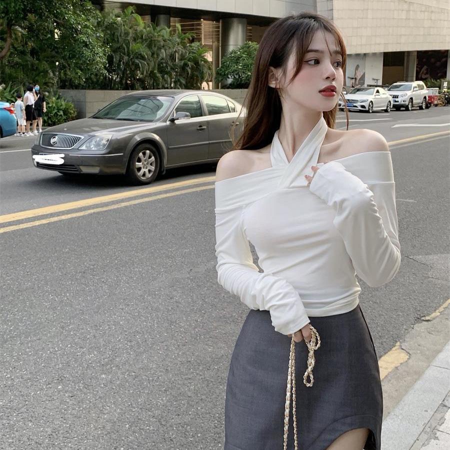 Áo thun tay dài cổ yếm màu sắc đơn giản thời trang sành điệu cho nữ