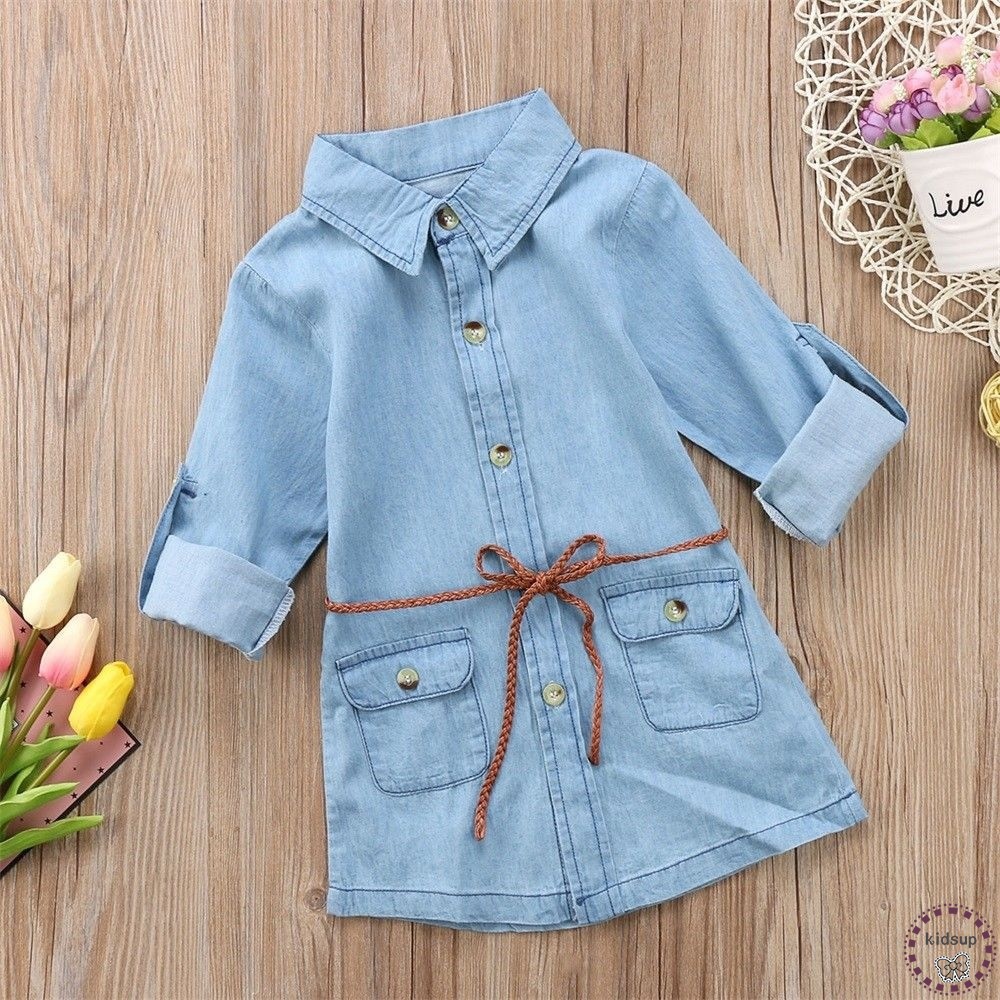 Đầm jean có túi cài nút kèm thắt lưng thời trang cho bé gái
