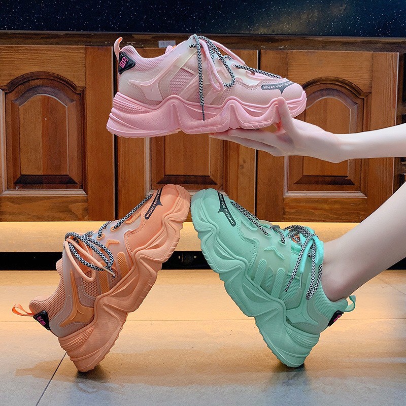 Giày thể thao nữ CLDB có 3 màu hồng, cam & xanh lá, dây kép, độn đế cao, thời trang Hàn Quốc đẹp, giá rẻ, hot trend 2020
