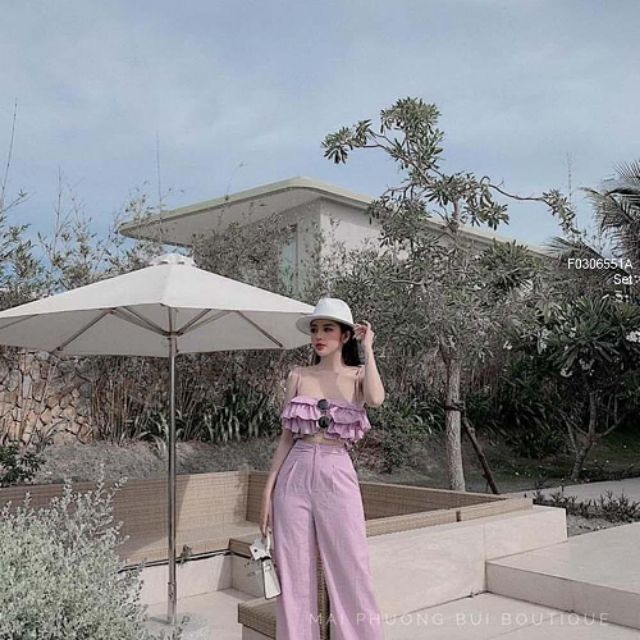 Set bộ đũi áo croptop bèo tầng 2 dây phối quần dài ống suông (không có trắng)!