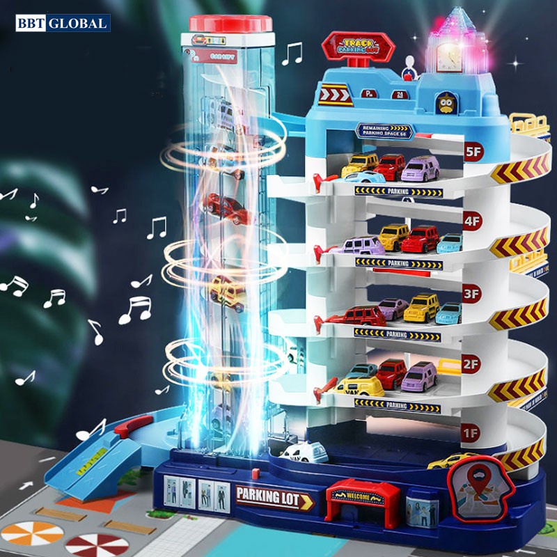Mô hình đường đua kỳ thú đường hầm khủng long kết hợp Garage ô tô 5 tầng có đèn và nhạc - Babycuatoi