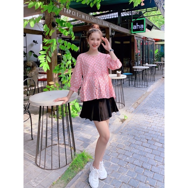 Áo bà bầu mùa hè tay lỡ chất tơ đũi chấm bi thiết kế cao cấp trẻ trung công sở