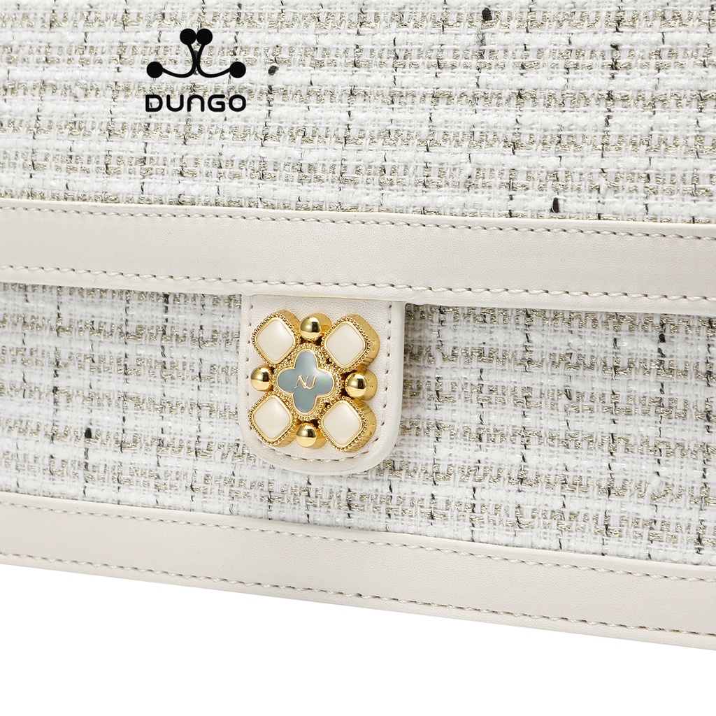 Túi Xách NUCELLE Tweed Trắng/ Xanh Khóa Hoa NU1171994