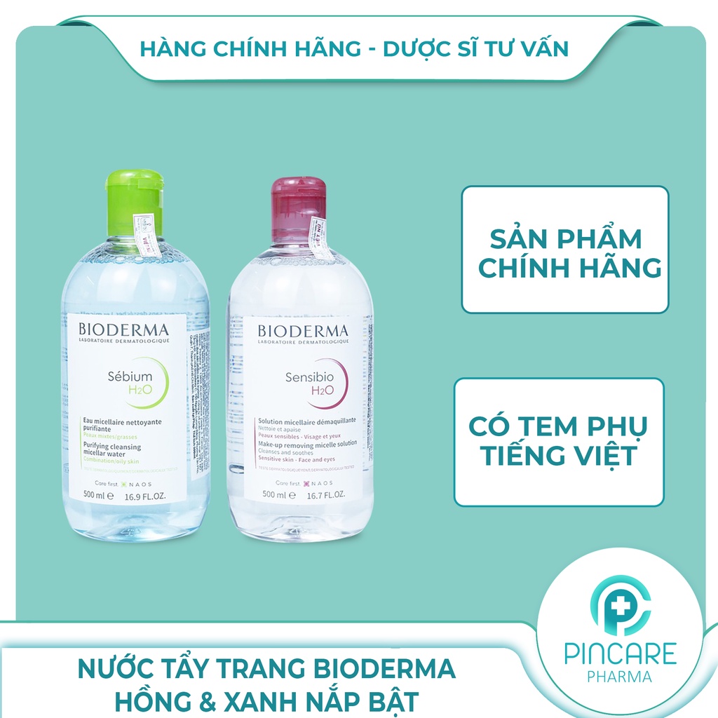 Nước tẩy trang Bioderma 500ml hồng &amp; xanh nắp bật - Có bill chính hãng - Nhà thuốc PinCare