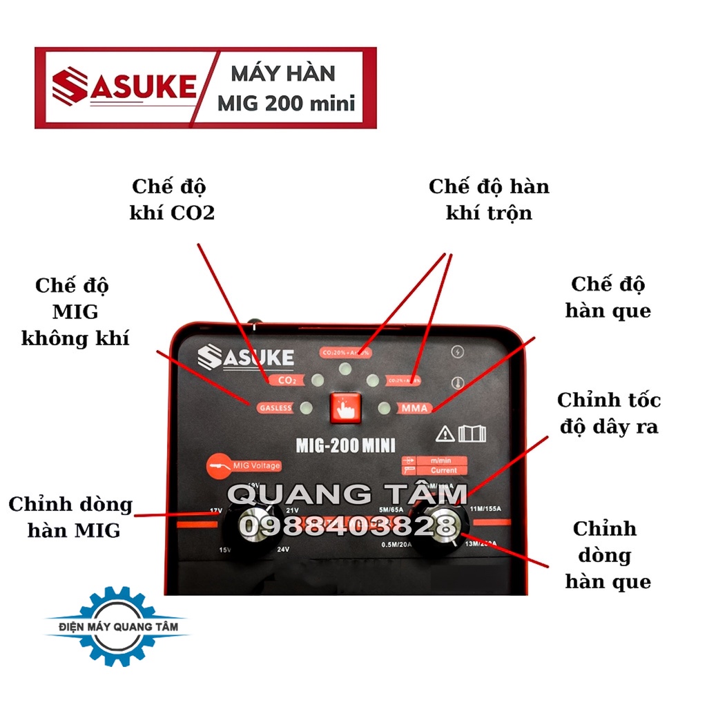 Máy Hàn MIG Không Khí + Có Khí + Que 3 Chức Năng Sasuke MIG-200 Mini + 1 Cuộn Dây Hàn 1Kg [Chính Hãng]