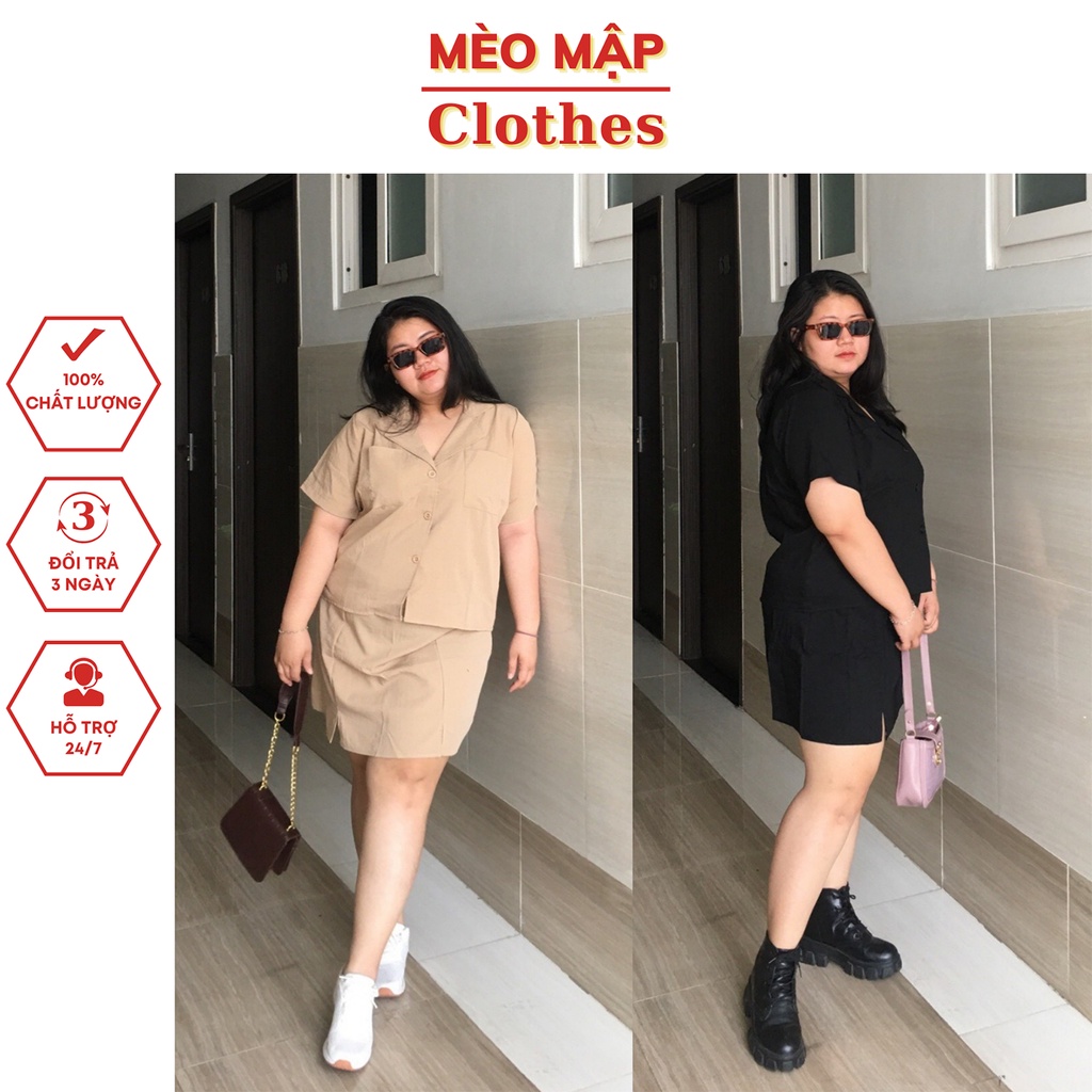 Set bộ nữ 2 món áo sơ mi cổ vest cộc tay kèm chân váy bigsize, thời trang cho nàng công sở