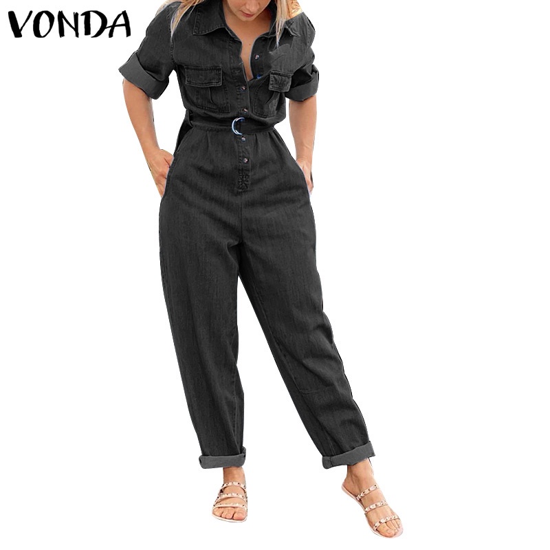 Áo liền quần VONDA vải denim dài tay cổ bẻ cài nút cho nữ