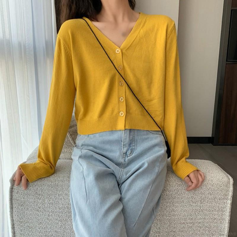 Áo Sweater Dệt Kim Tay Dài Thiết Kế Cổ Chữ V Màu Trơn Thanh Lịch