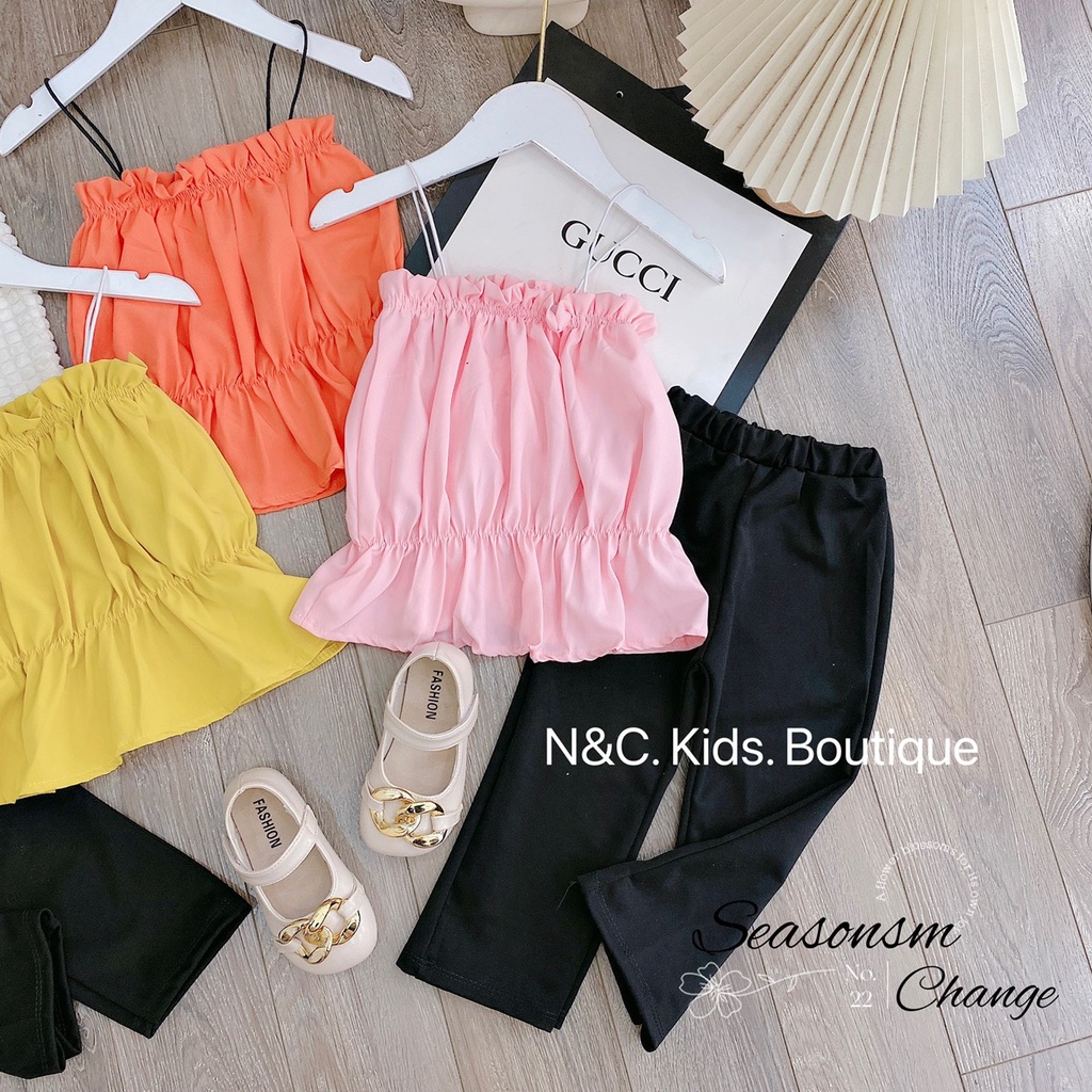Set áo 2 dây cúp ngực +quần dài đen bé gái