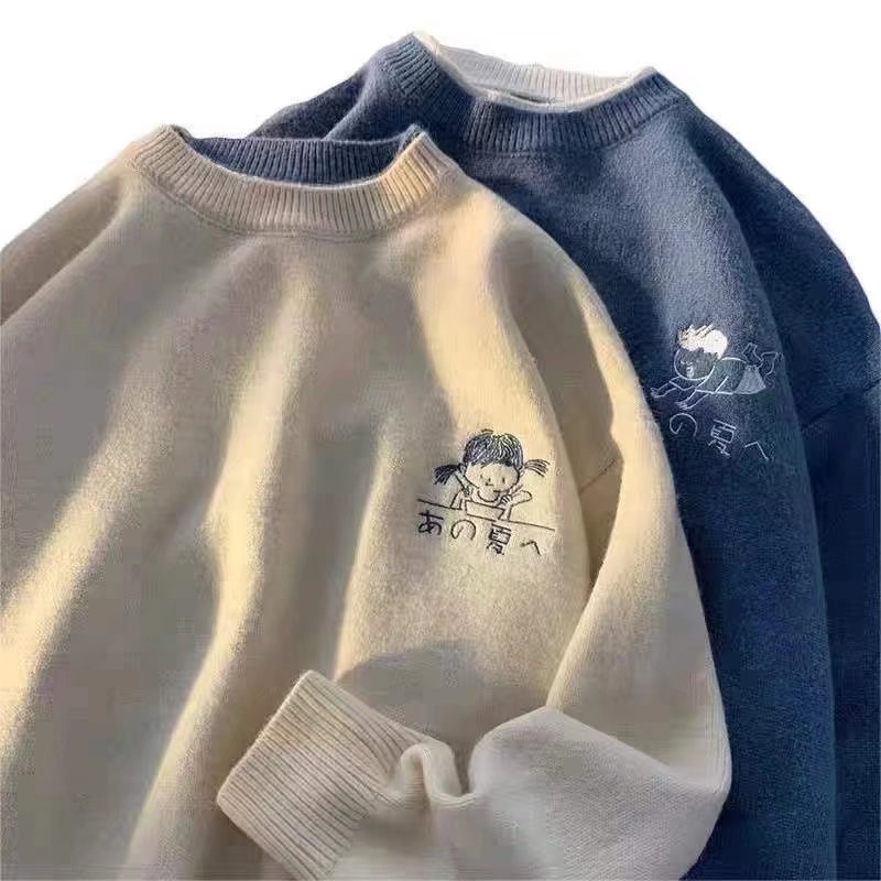 Áo Sweater Cổ Tròn Dáng Rộng Giả Hai Lớp Thêu Họa Tiết Hoạt Hình Thời Trang Thu Đông Cho Nam