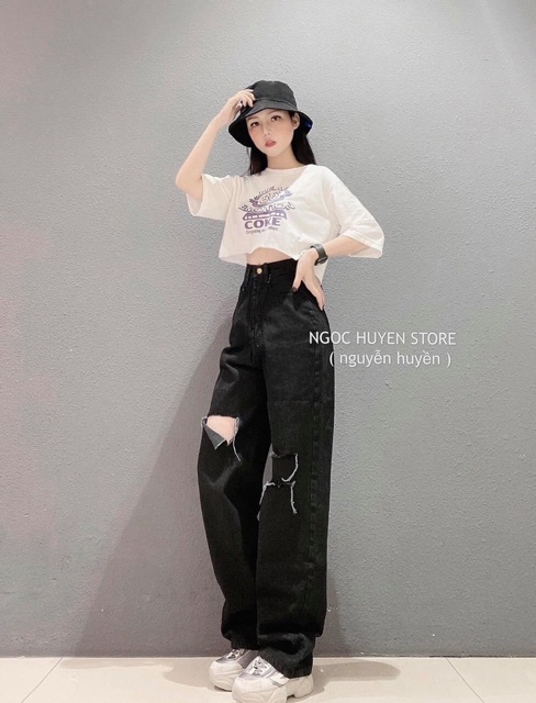 Quần baggy jeans ống rộng lưng cao rách gối | BigBuy360 - bigbuy360.vn